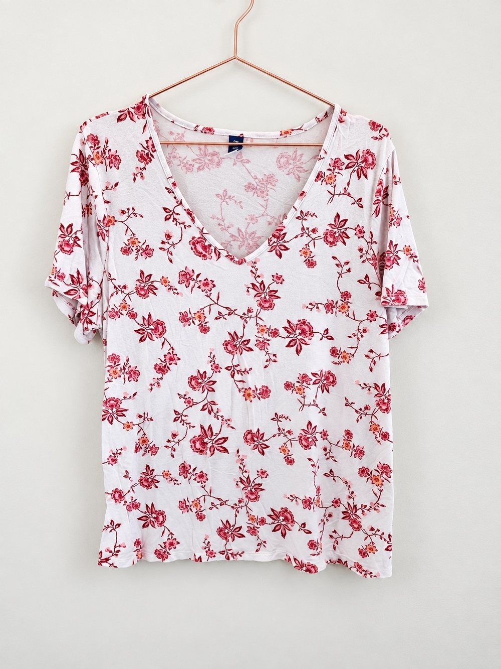 Old Navy White V-Neck Tee with Red Floral Print